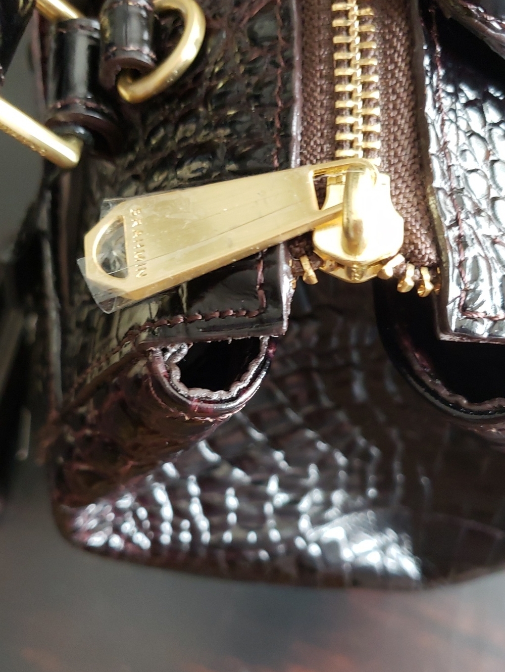 Brahmin MALIA Croc-Embossed Satchel with Gold Hardware in Rich Cocoa - Picture 6 of 9
